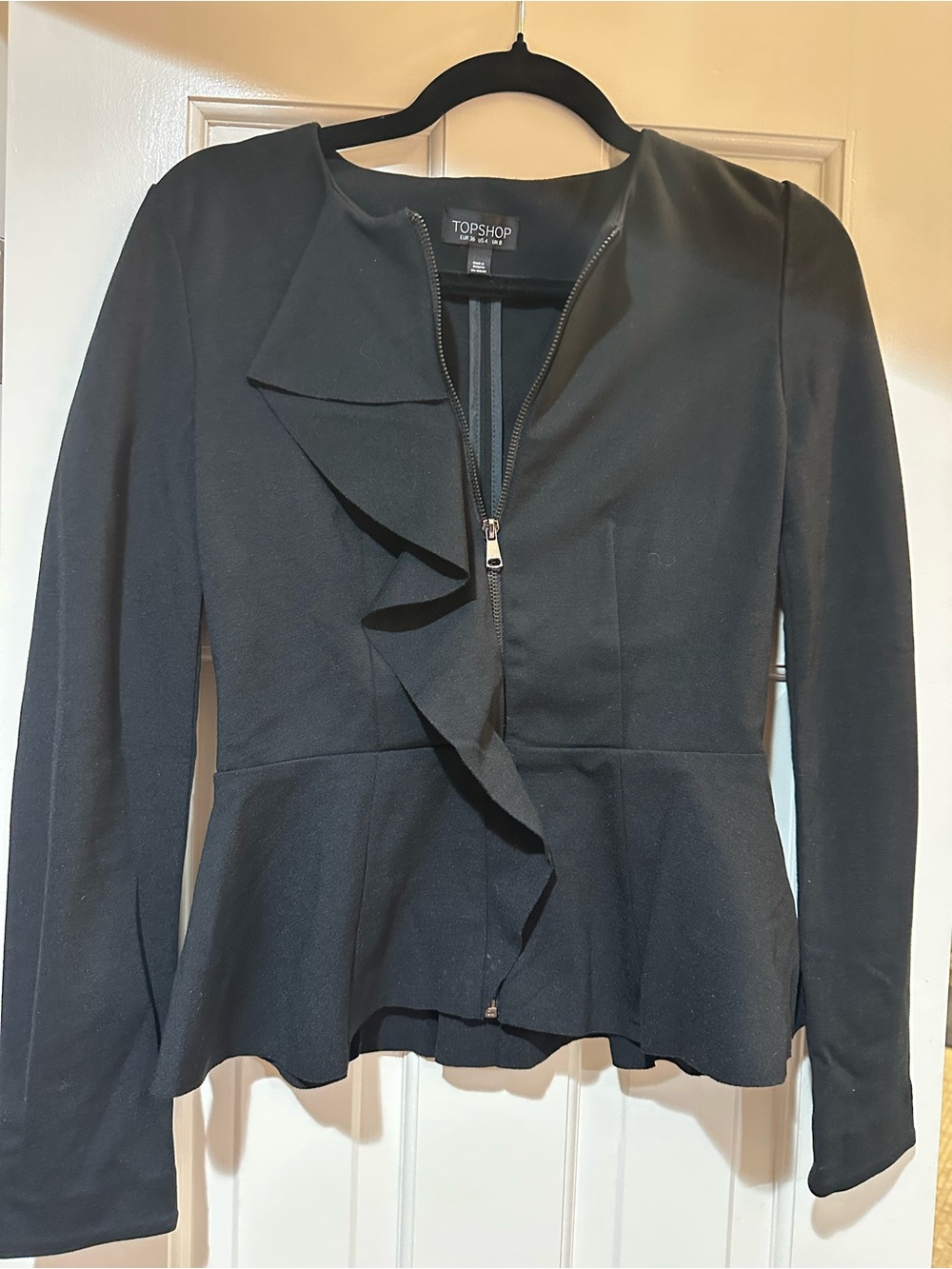Topshop Black Ruffle Peplum Zip Jacket